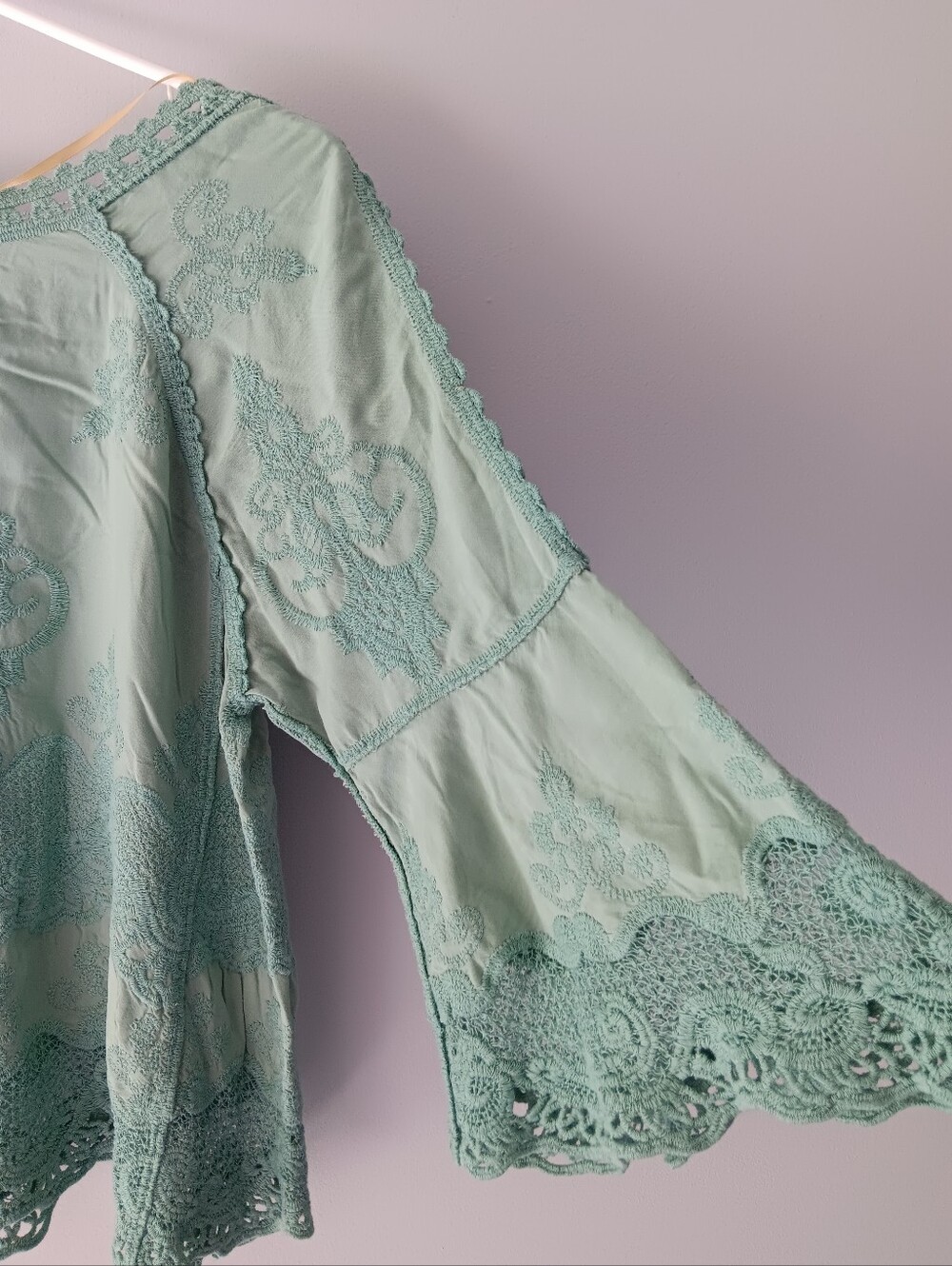 Democracy Boho Lace Embroidered Blouse Long Bell Sleeves Aqua Blue Small - Picture 5 of 14